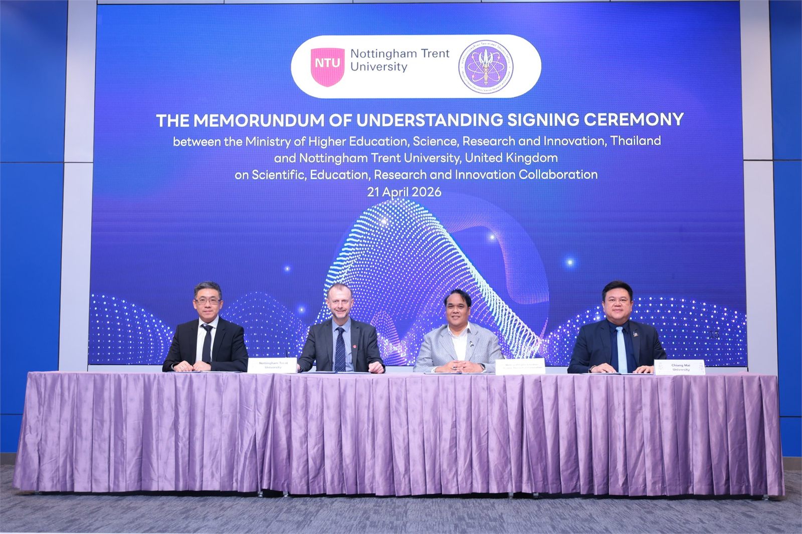 Signing ceremony of the memorandum of understanding between Thailand's Ministry of Higher Education, Science, Research and Innovation and Nottingham Trent University, 21 April 2026